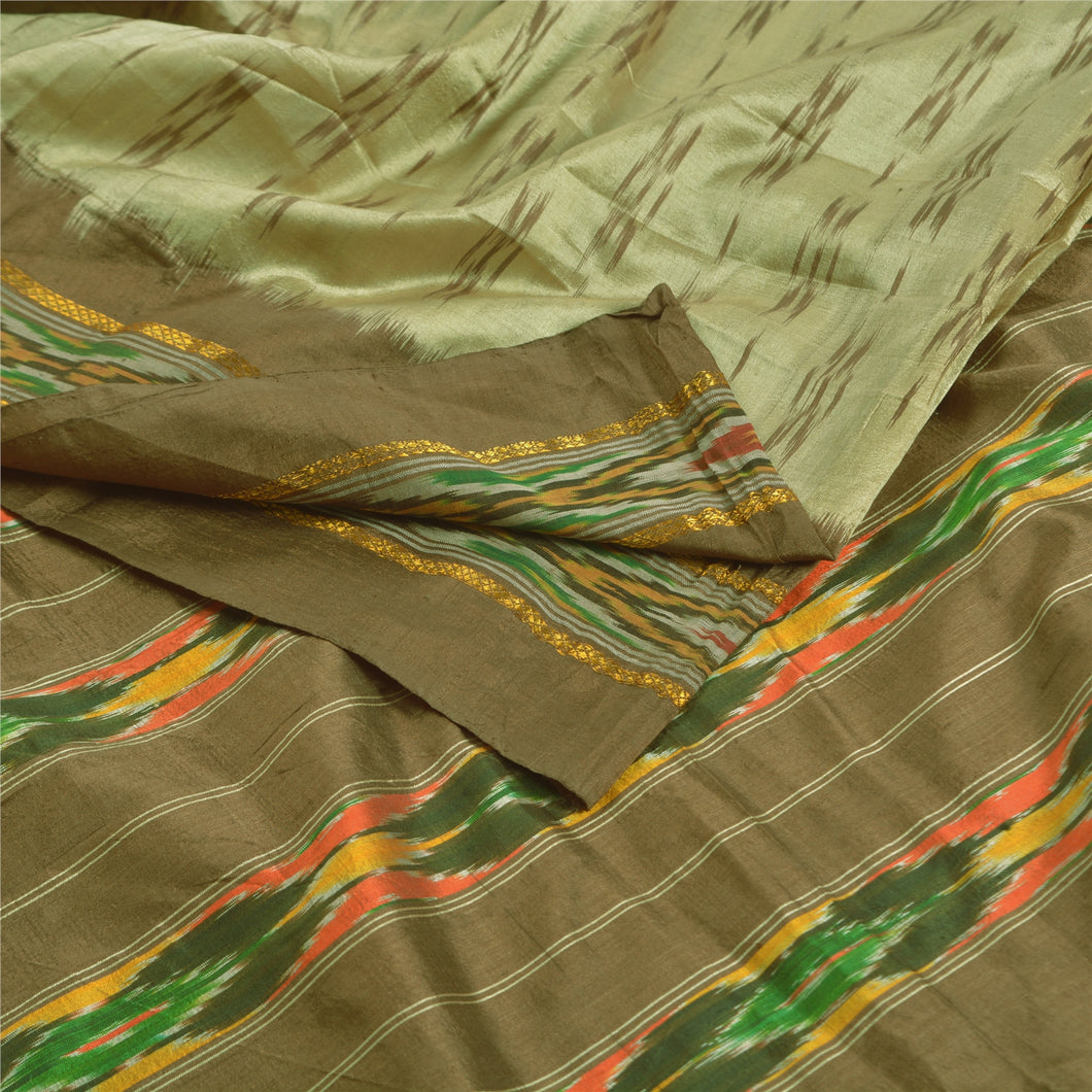 Sanskriti Vintage Green Pochampally Handwoven Ikat Sarees Pure Silk Sari Fabric