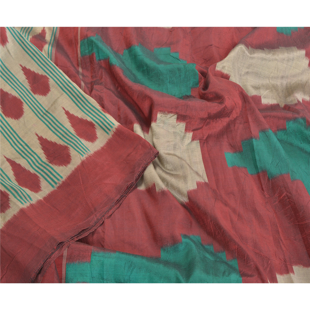 Sanskriti Vintage Cream Sambhalpuri Handwoven Ikat Saree Pure Silk Sari Fabric
