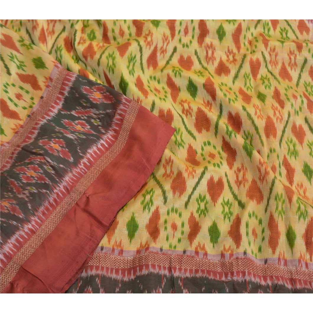 Sanskriti Vintage Beige Sambhalpuri Hand Woven Ikat Saree Pure Silk Sari Fabric