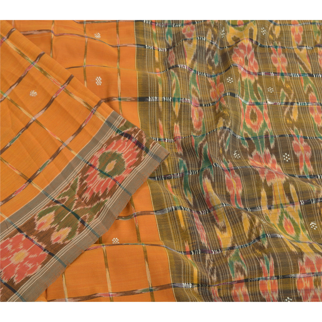 Sanskriti Vintage Saree Mustard Odisha Hand Woven Ikat Pure Cotton Sari Fabric