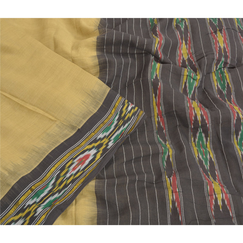 Sanskriti Vintage Handwoven Ikat Cotton Saree Fabric: Beige Odisha Textile by upholstery fabric