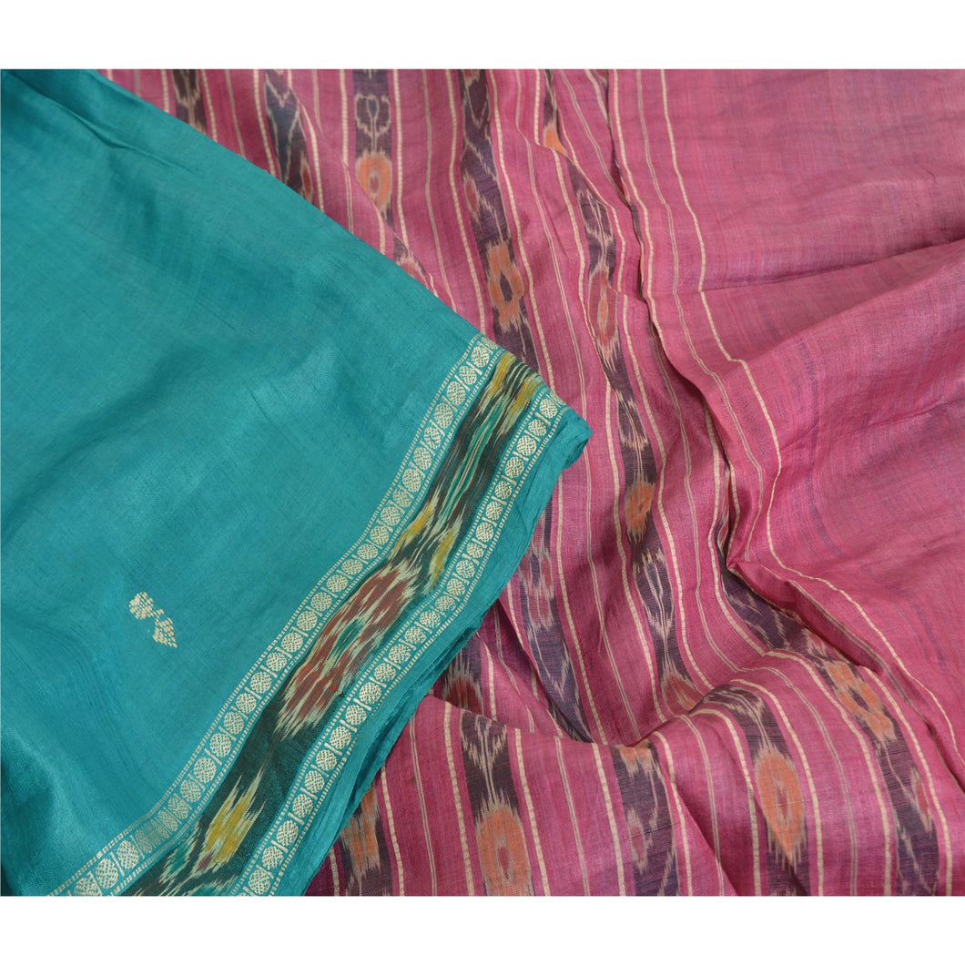 Sanskriti Vintage Saree Blue Odisha Hand Woven Ikat Pure Silk Sari 5yd Fabric
