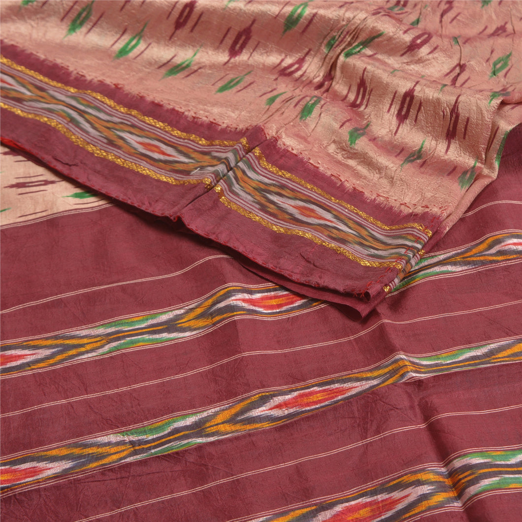 Sanskriti Vintage Saree Pink Pochampally Hand Woven Ikat Pure Silk Sari Fabric
