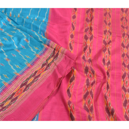 Sanskriti Vintage Saree Blue Pochampally Hand Woven Ikat Pure Silk Sari Sustainable Fabric