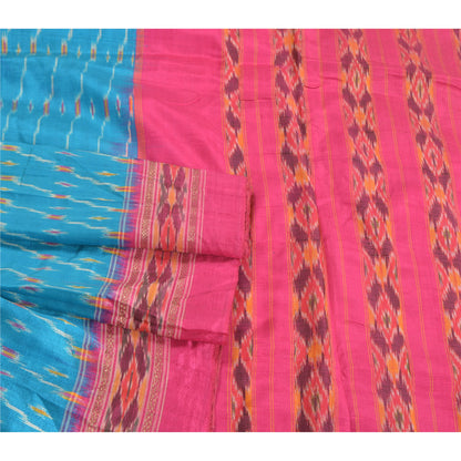 Sanskriti Vintage Saree Blue Pochampally Hand Woven Ikat Pure Silk Sari Sustainable Fabric