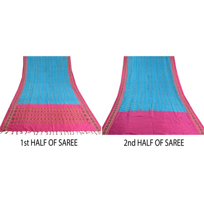 Sanskriti Vintage Saree Blue Pochampally Hand Woven Ikat Pure Silk Sari Sustainable Fabric