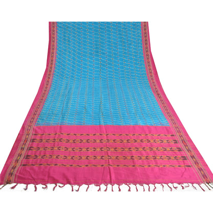 Sanskriti Vintage Saree Blue Pochampally Hand Woven Ikat Pure Silk Sari Sustainable Fabric