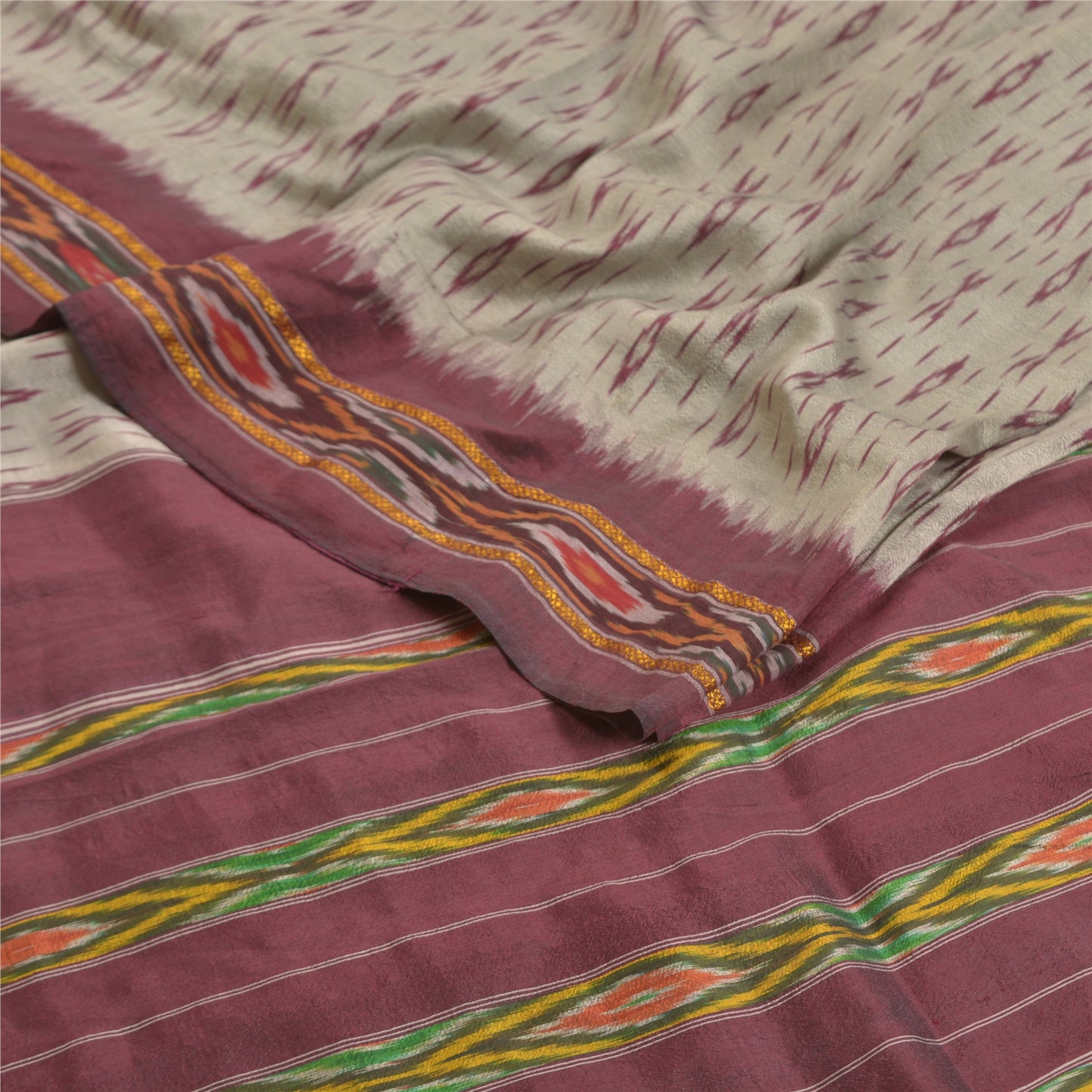 Sanskriti Vintage Saree Cream Pochampally Hand Woven Ikat Pure Silk Sari Sustainable Fabric