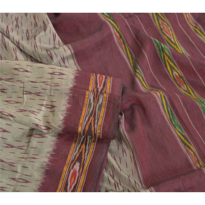 Sanskriti Vintage Saree Cream Pochampally Hand Woven Ikat Pure Silk Sari Sustainable Fabric
