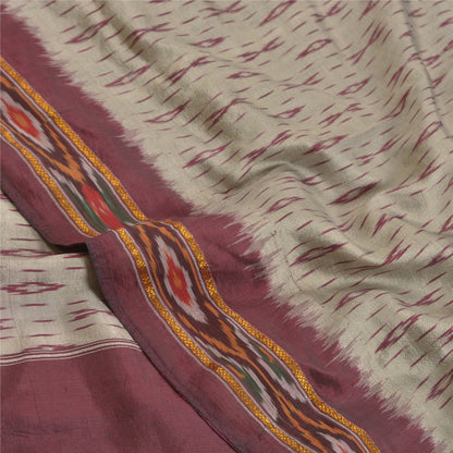 Sanskriti Vintage Saree Cream Pochampally Hand Woven Ikat Pure Silk Sari Sustainable Fabric