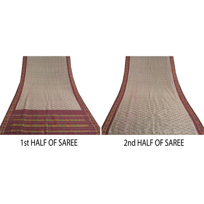 Sanskriti Vintage Saree Cream Pochampally Hand Woven Ikat Pure Silk Sari Sustainable Fabric