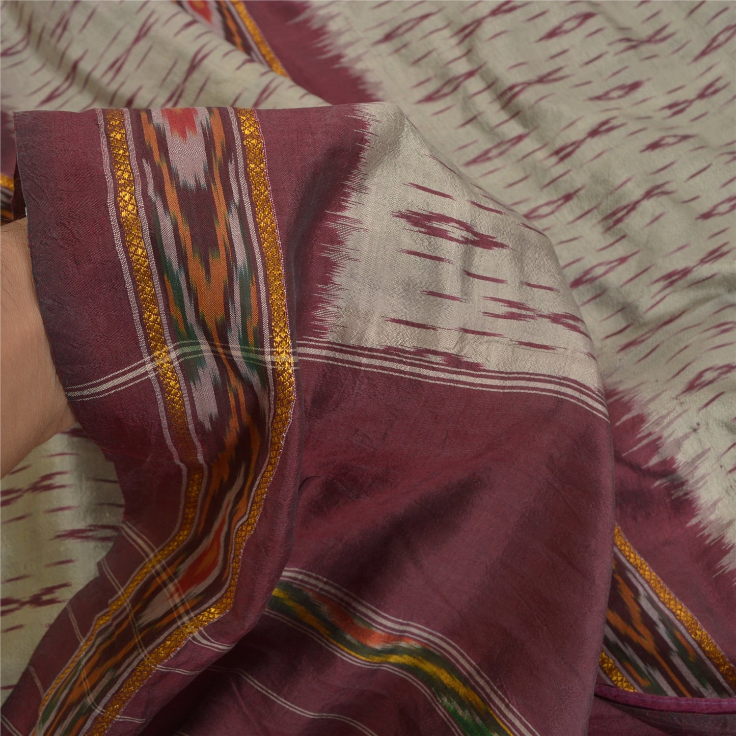 Sanskriti Vintage Saree Cream Pochampally Hand Woven Ikat Pure Silk Sari Sustainable Fabric