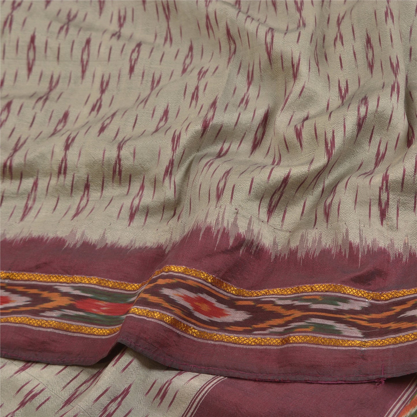 Sanskriti Vintage Saree Cream Pochampally Hand Woven Ikat Pure Silk Sari Sustainable Fabric