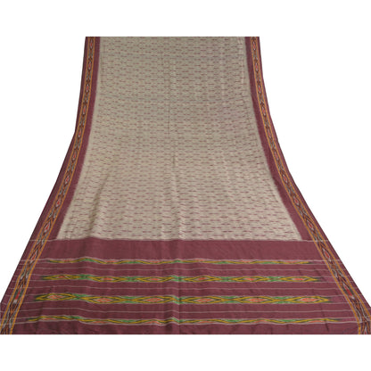 Sanskriti Vintage Saree Cream Pochampally Hand Woven Ikat Pure Silk Sari Sustainable Fabric