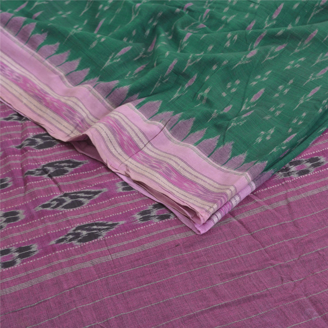 Sanskriti Vintage Saree Green Odisha HandWoven Ikat Pure Cotton Sari 5yd Fabric