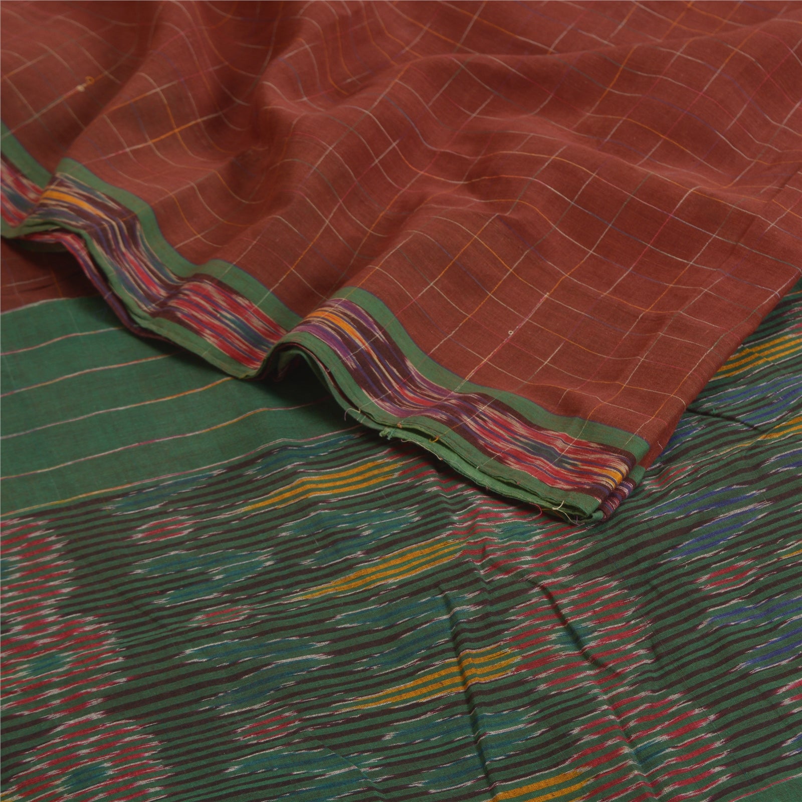 Sanskriti Vintage Saree Dark Red & Green Odisha Hand Woven Ikat Saree 100% Pure Cotton Sari 5 Yard Craft Fabric Indian Textile Supplies