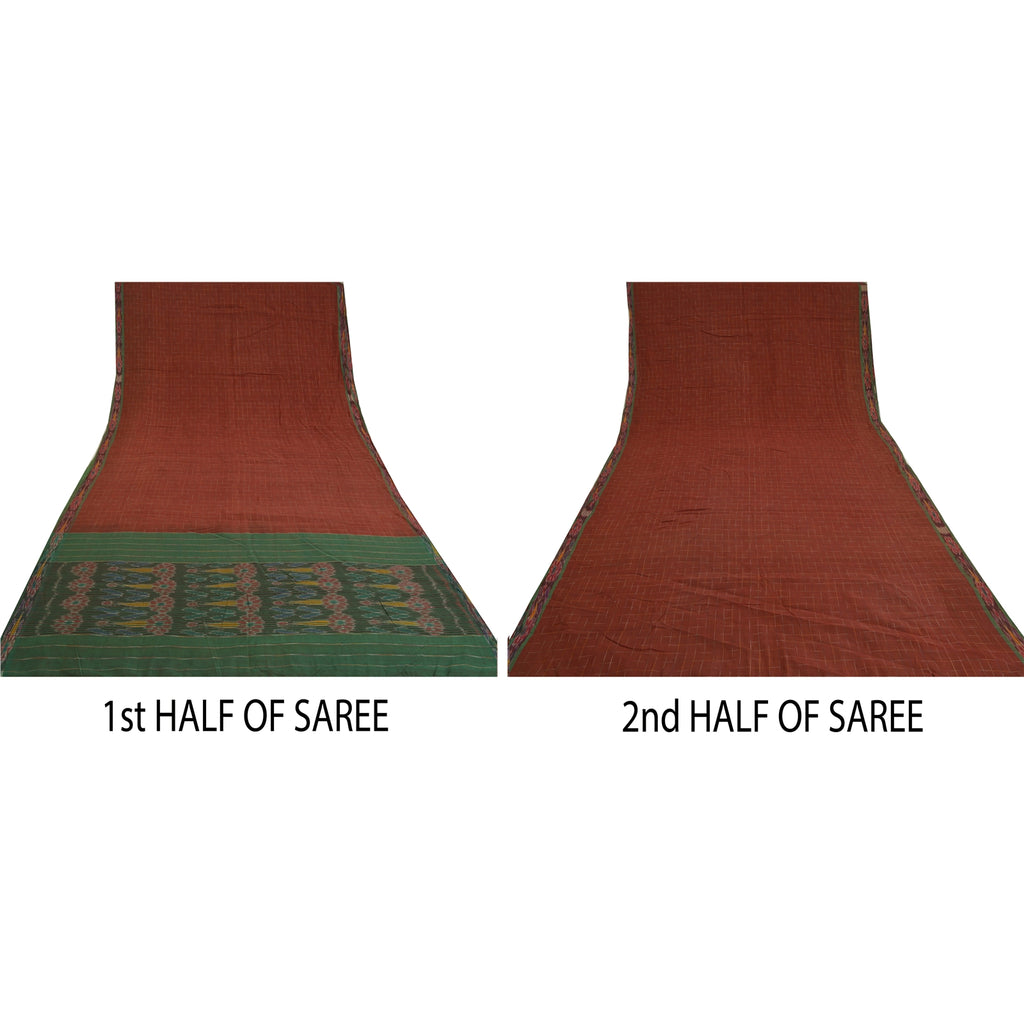 Sanskriti Vintage Saree Dark Red & Green Odisha Hand Woven Ikat Saree 100% Pure Cotton Sari 5 Yard Craft Fabric Indian Textile Supplies