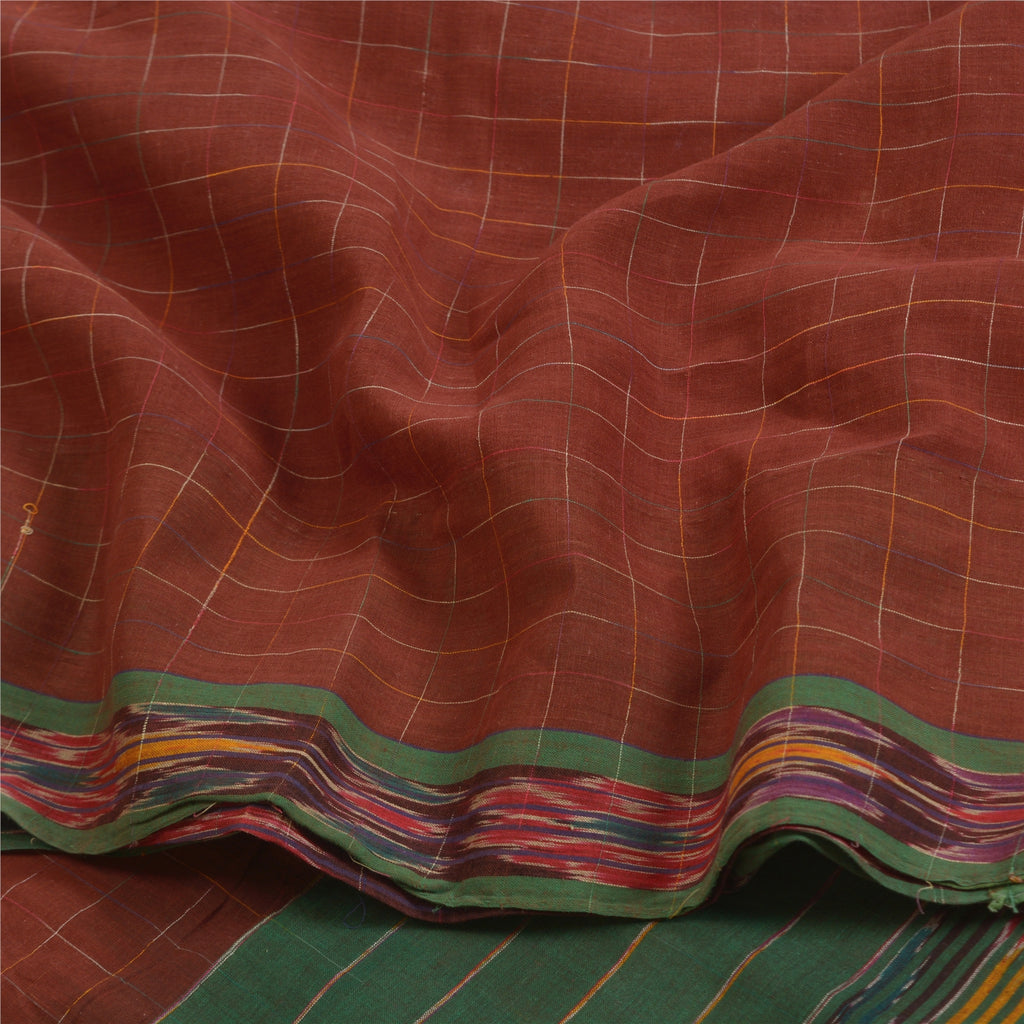 Sanskriti Vintage Saree Dark Red & Green Odisha Hand Woven Ikat Saree 100% Pure Cotton Sari 5 Yard Craft Fabric Indian Textile Supplies