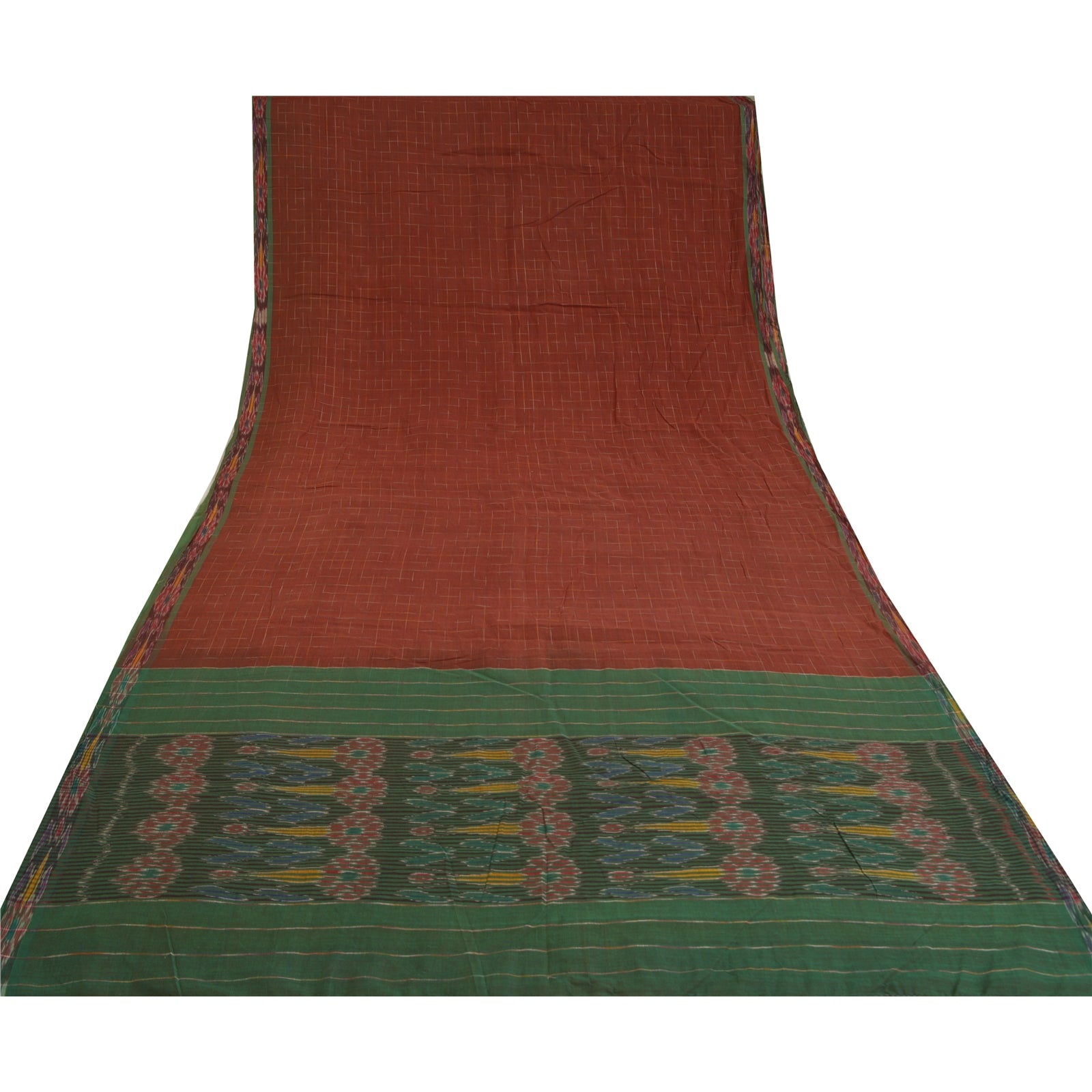 Sanskriti Vintage Saree Dark Red & Green Odisha Hand Woven Ikat Saree 100% Pure Cotton Sari 5 Yard Craft Fabric Indian Textile Supplies