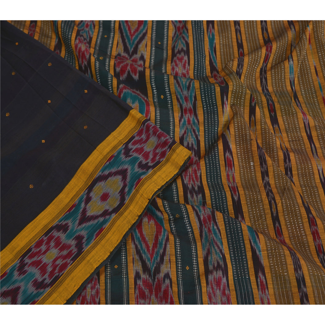 Sanskriti Vintage Saree Black Odisha Hand Woven Ikat Blend Cotton Sari Fabric