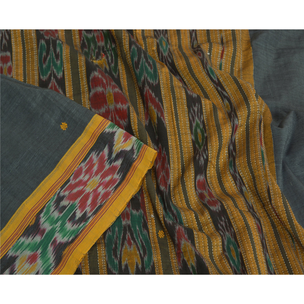 Sanskriti Vintage Saree Gray Odisha Hand Woven Ikat Pure Cotton Sari 5yd Fabric