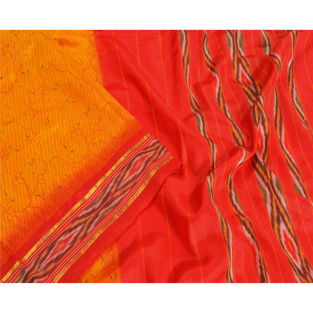 Sanskriti Vintage Saree Yellow Hand Woven Ikat & Printed Pure Silk Sari Sustainable Fabric