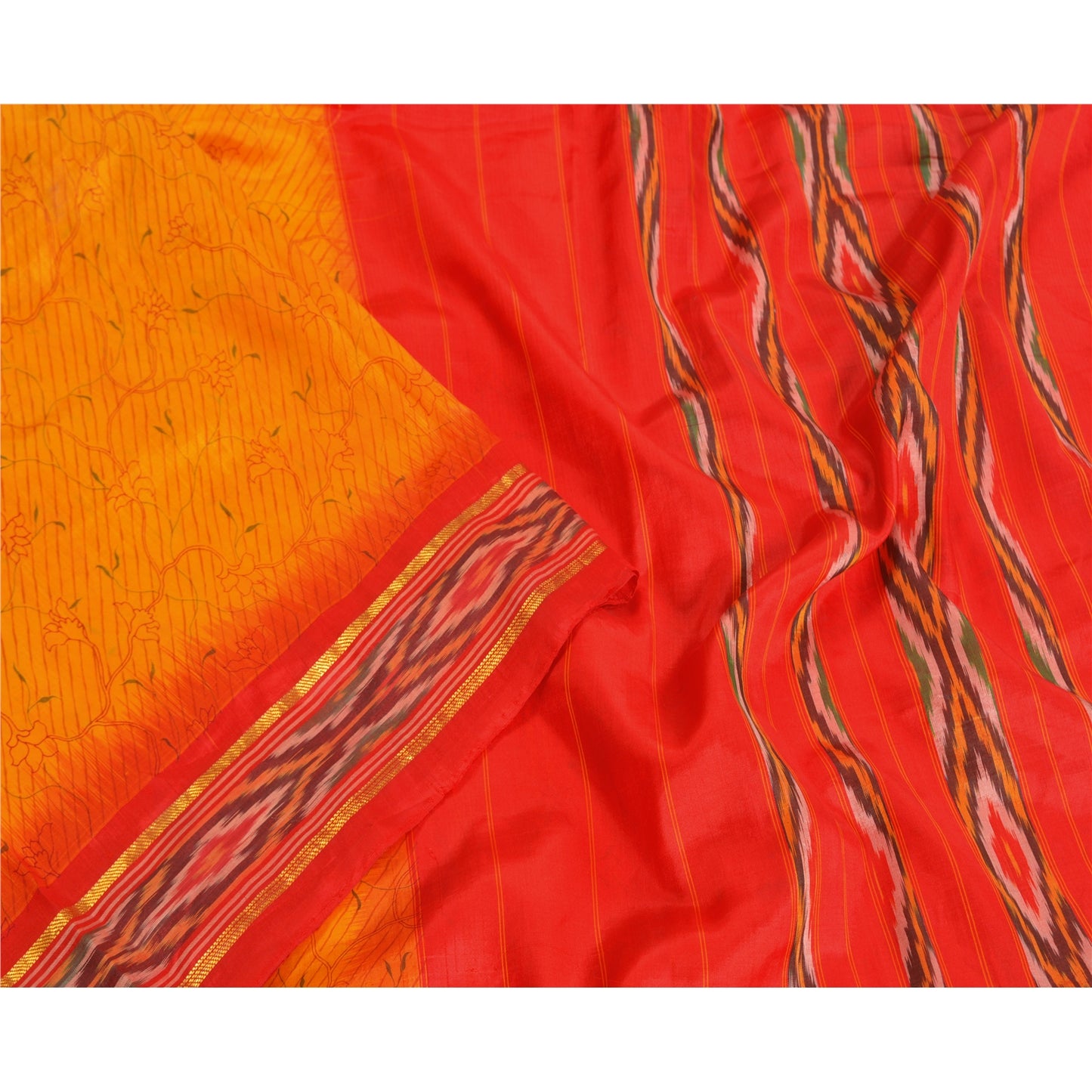 Sanskriti Vintage Saree Yellow Hand Woven Ikat & Printed Pure Silk Sari Sustainable Fabric