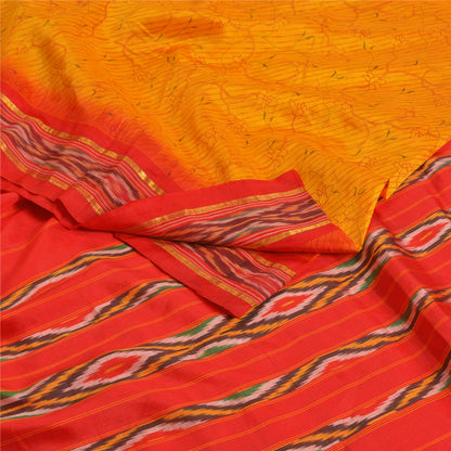 Sanskriti Vintage Saree Yellow Hand Woven Ikat & Printed Pure Silk Sari Sustainable Fabric