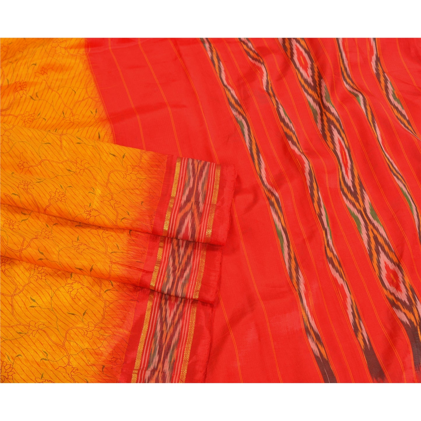 Sanskriti Vintage Saree Yellow Hand Woven Ikat & Printed Pure Silk Sari Sustainable Fabric