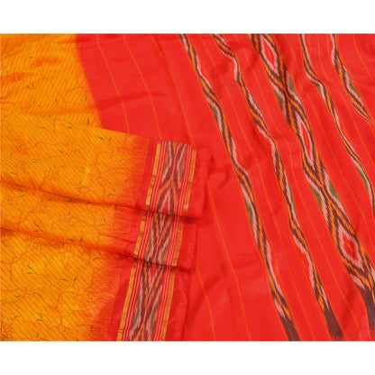 Sanskriti Vintage Saree Yellow Hand Woven Ikat & Printed Pure Silk Sari Sustainable Fabric