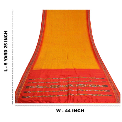 Sanskriti Vintage Saree Yellow Hand Woven Ikat & Printed Pure Silk Sari Sustainable Fabric