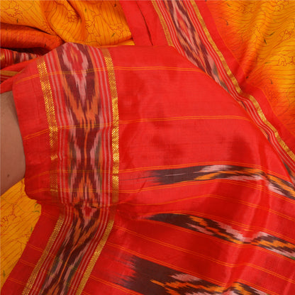 Sanskriti Vintage Saree Yellow Hand Woven Ikat & Printed Pure Silk Sari Sustainable Fabric