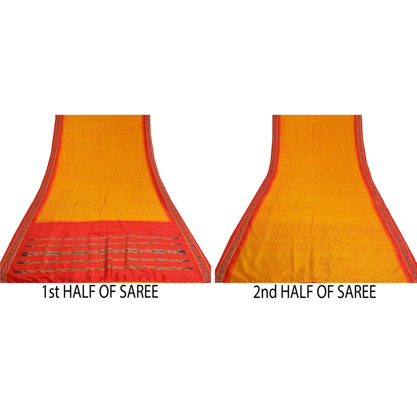 Sanskriti Vintage Saree Yellow Hand Woven Ikat & Printed Pure Silk Sari Sustainable Fabric