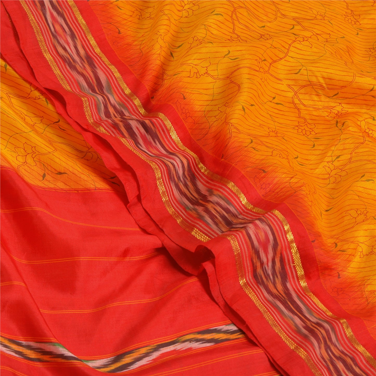 Sanskriti Vintage Saree Yellow Hand Woven Ikat & Printed Pure Silk Sari Sustainable Fabric