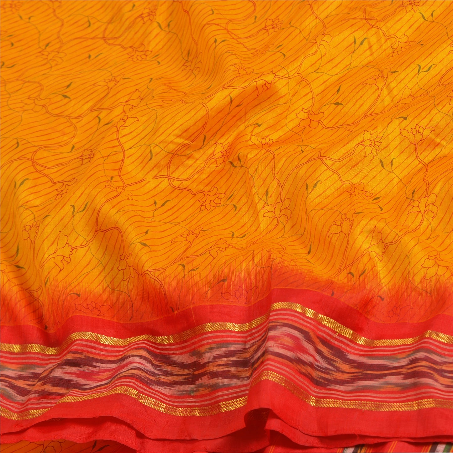 Sanskriti Vintage Saree Yellow Hand Woven Ikat & Printed Pure Silk Sari Sustainable Fabric