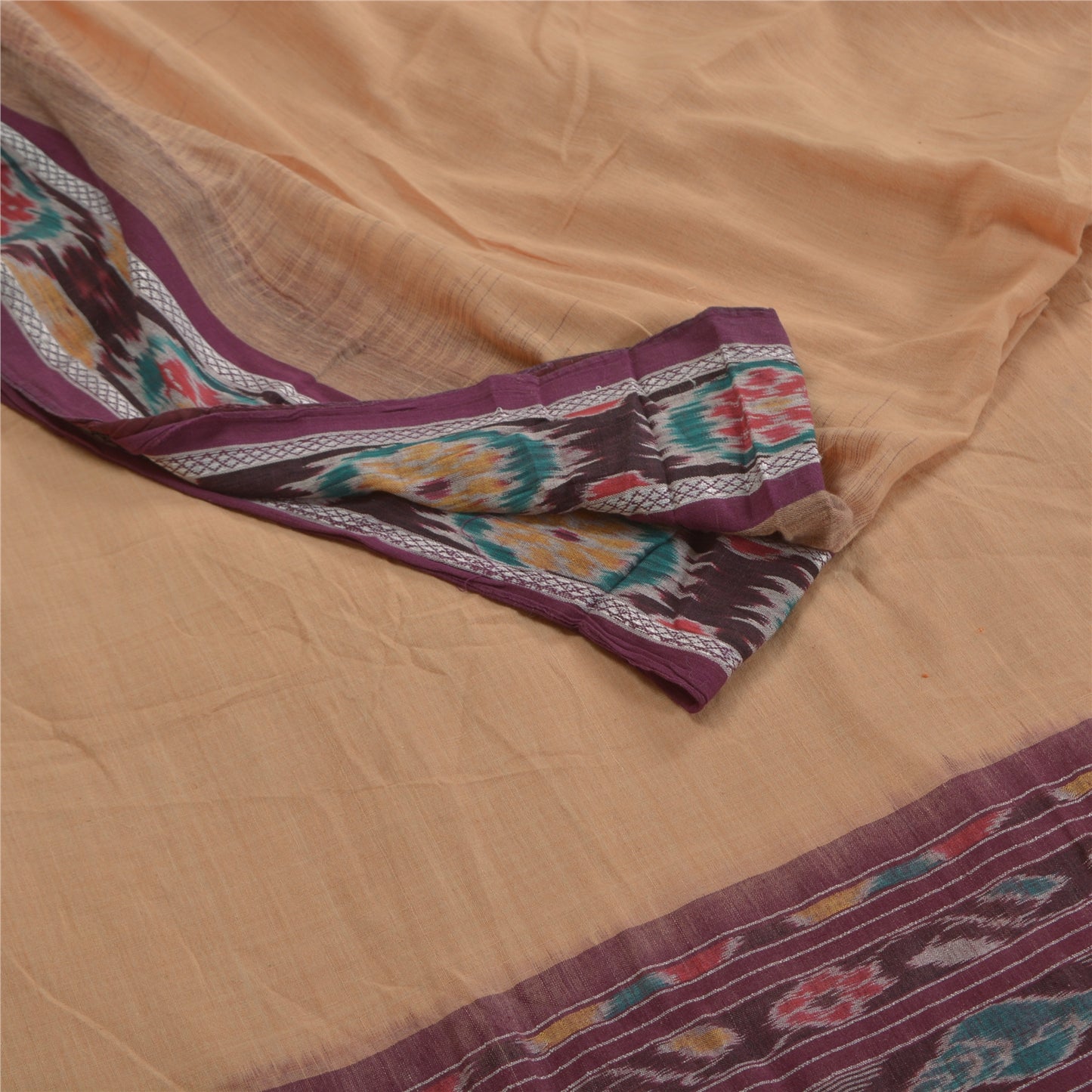 Sanskriti Vintage Saree Peach Odisha Hand Woven Ikat Pure Cotton Sari 5yd Sustainable Fabric