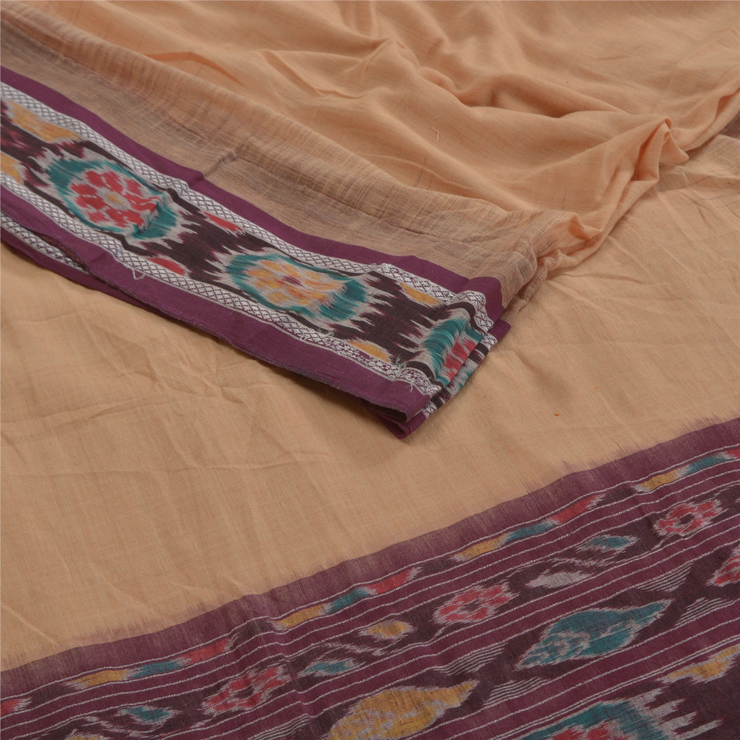 Sanskriti Vintage Saree Peach Odisha Hand Woven Ikat Pure Cotton Sari 5yd Fabric