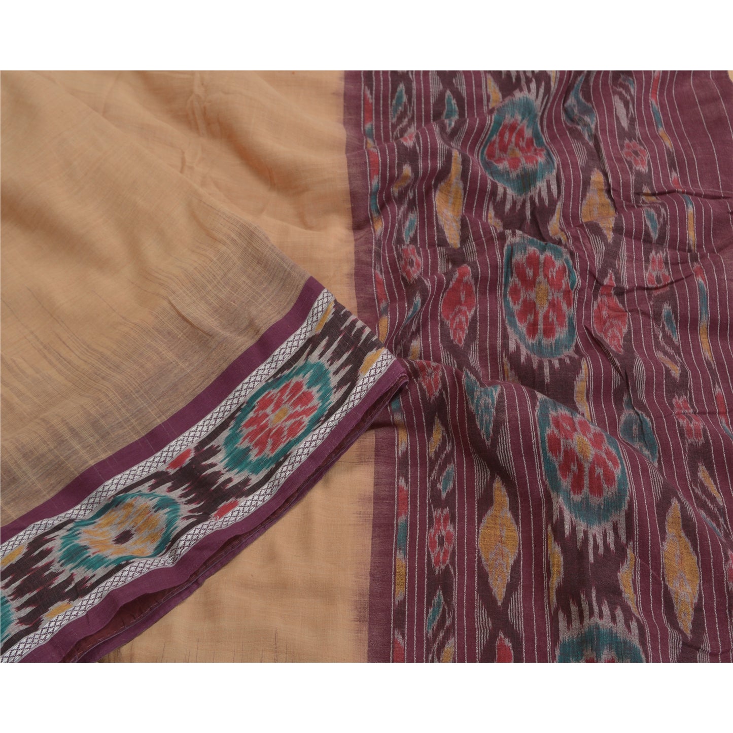 Sanskriti Vintage Saree Peach Odisha Hand Woven Ikat Pure Cotton Sari 5yd Sustainable Fabric