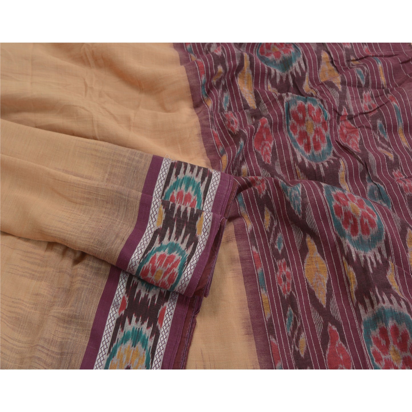 Sanskriti Vintage Saree Peach Odisha Hand Woven Ikat Pure Cotton Sari 5yd Sustainable Fabric