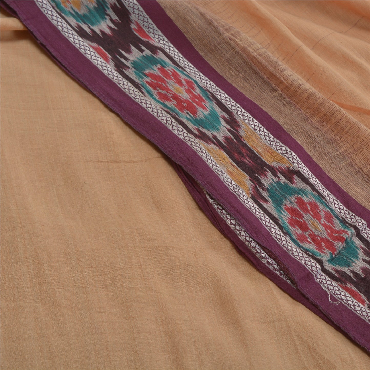 Sanskriti Vintage Saree Peach Odisha Hand Woven Ikat Pure Cotton Sari 5yd Sustainable Fabric