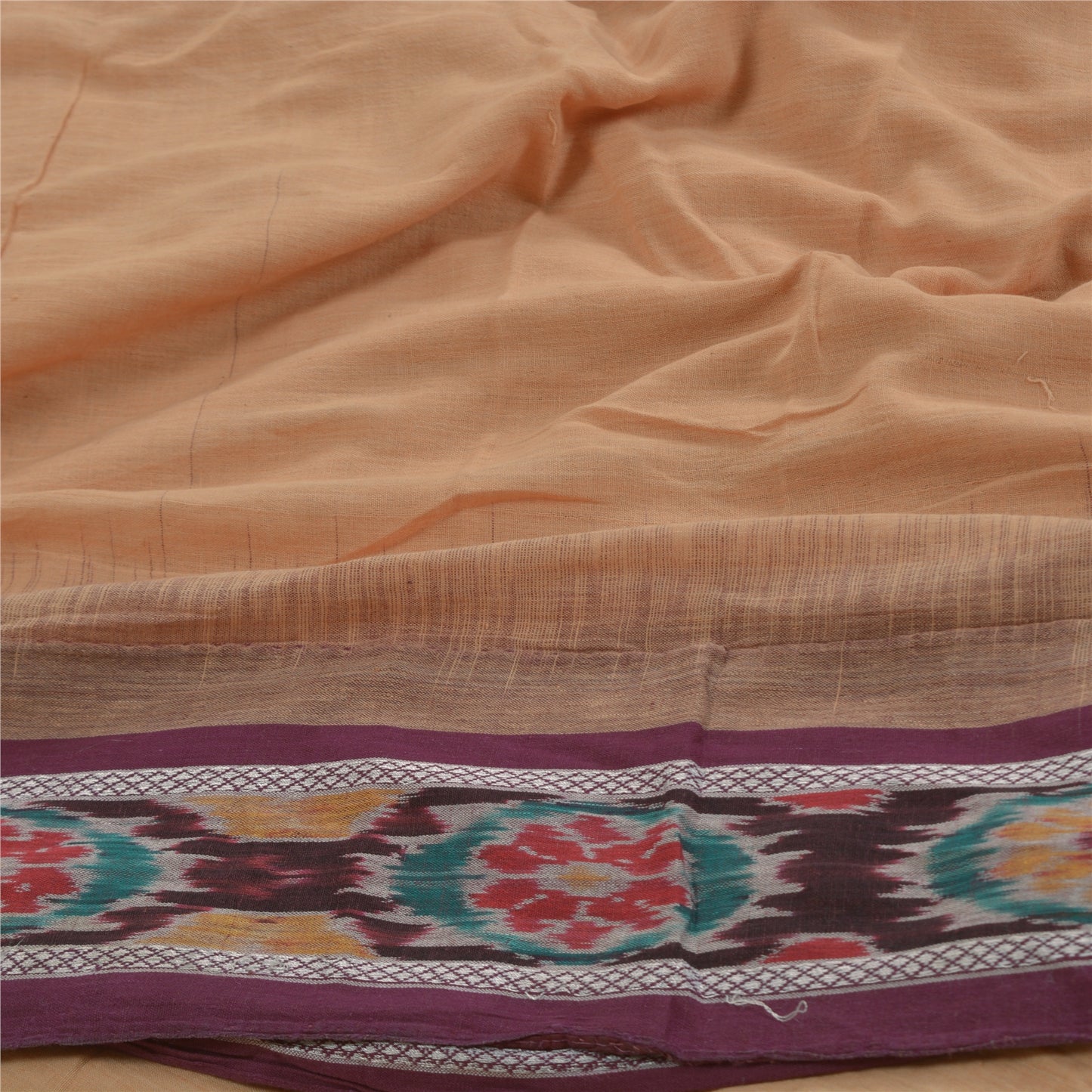 Sanskriti Vintage Saree Peach Odisha Hand Woven Ikat Pure Cotton Sari 5yd Sustainable Fabric