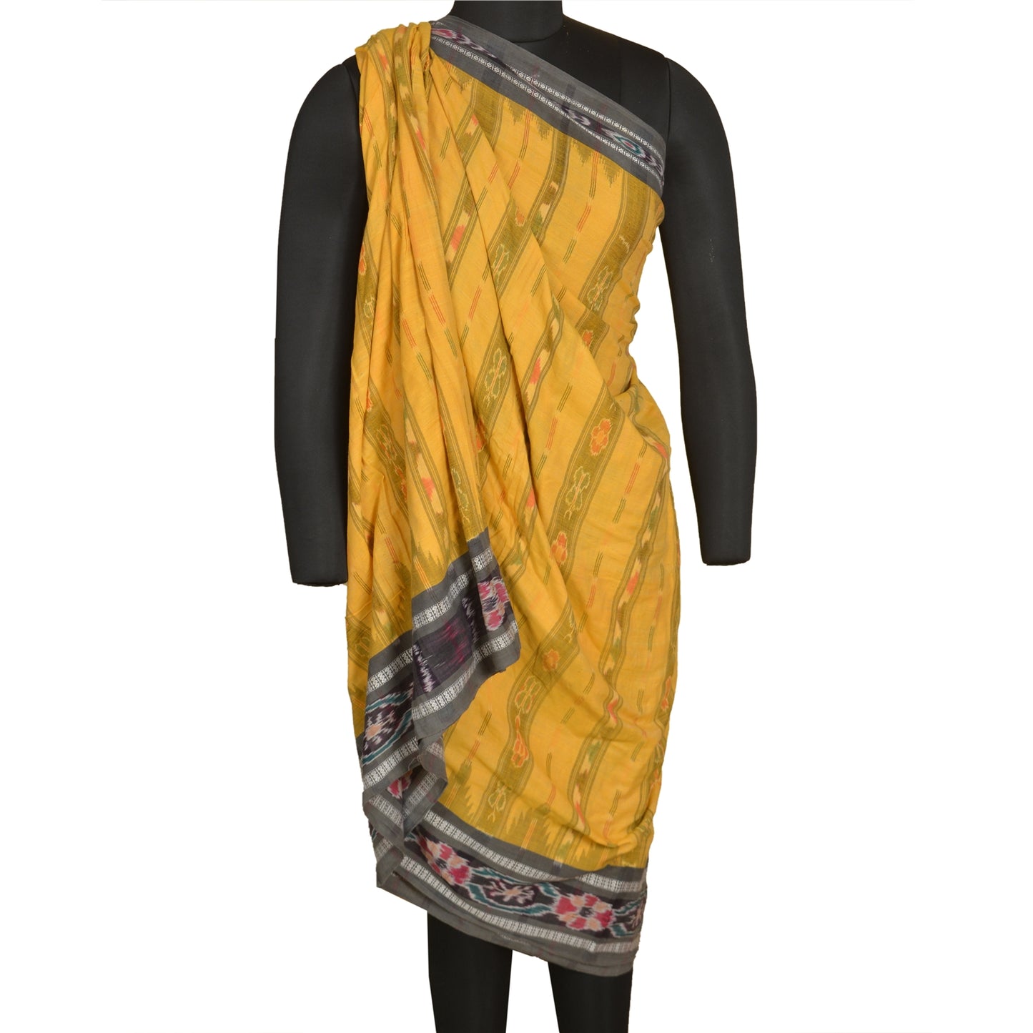 Sanskriti Vintage Saree Yellow Odisha Hand Woven Ikat Pure Cotton Sari Sustainable Fabric
