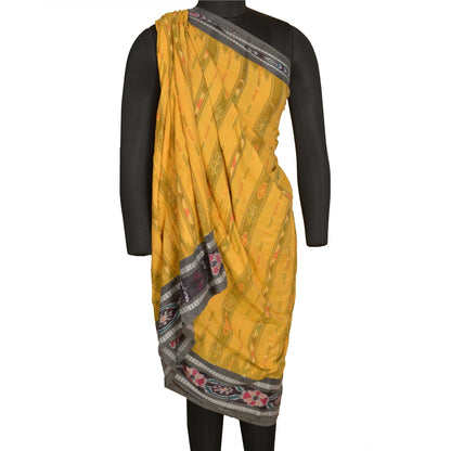 Sanskriti Vintage Saree Yellow Odisha Hand Woven Ikat Pure Cotton Sari Sustainable Fabric