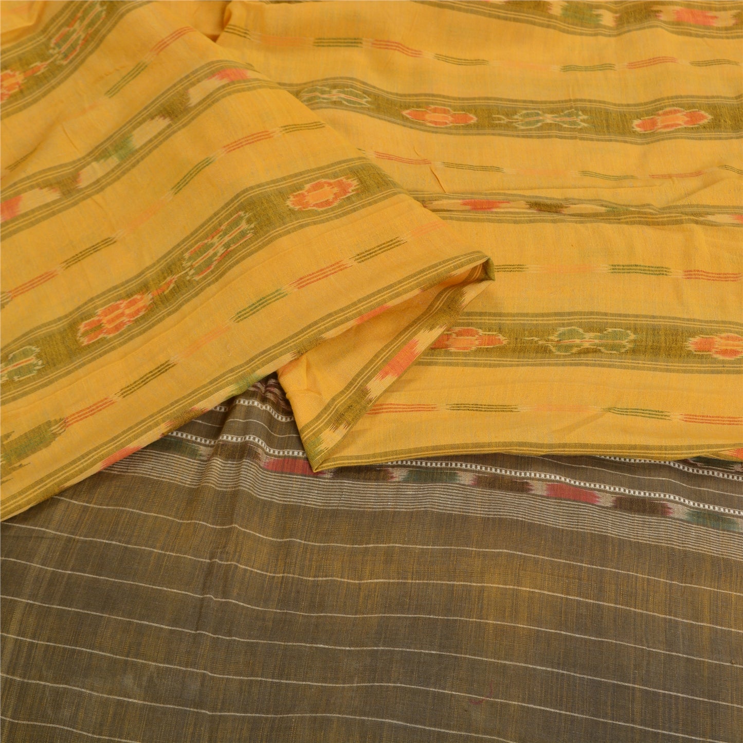 Sanskriti Vintage Saree Yellow Odisha Hand Woven Ikat Pure Cotton Sari Sustainable Fabric