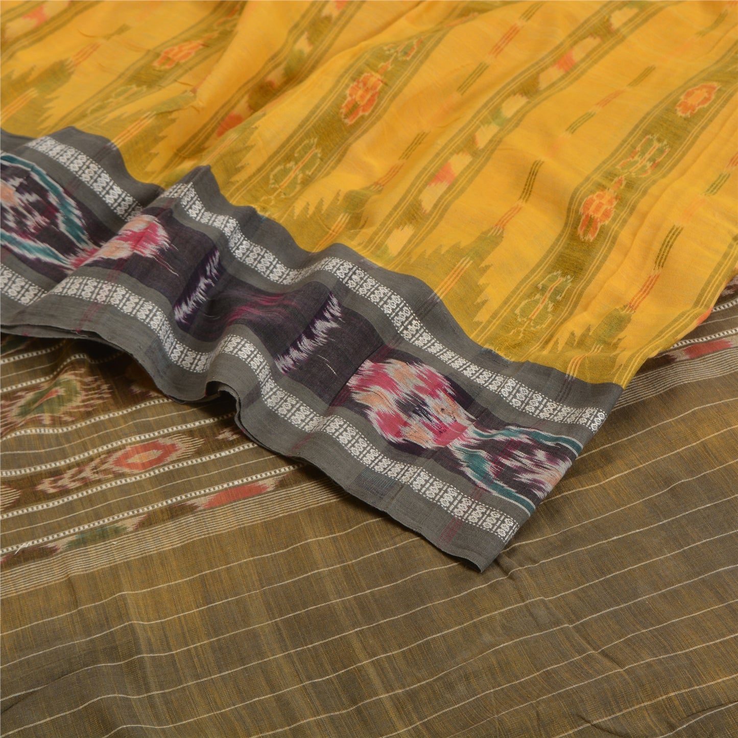 Sanskriti Vintage Saree Yellow Odisha Hand Woven Ikat Pure Cotton Sari Sustainable Fabric