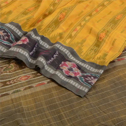 Sanskriti Vintage Saree Yellow Odisha Hand Woven Ikat Pure Cotton Sari Sustainable Fabric