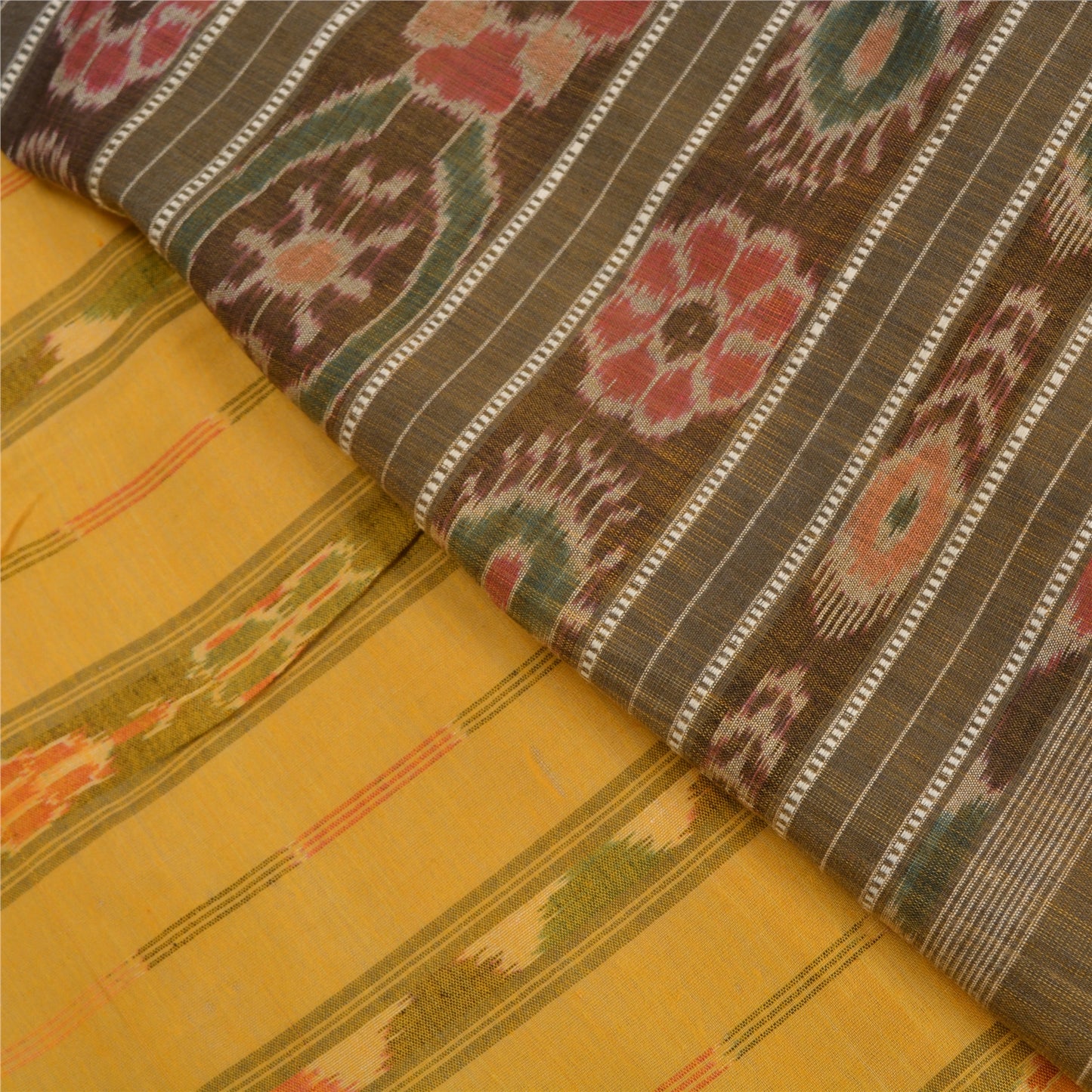 Sanskriti Vintage Saree Yellow Odisha Hand Woven Ikat Pure Cotton Sari Sustainable Fabric