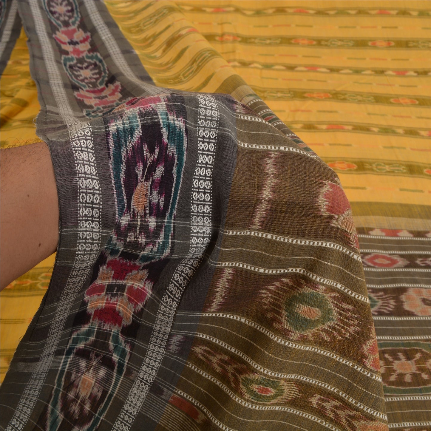 Sanskriti Vintage Saree Yellow Odisha Hand Woven Ikat Pure Cotton Sari Sustainable Fabric