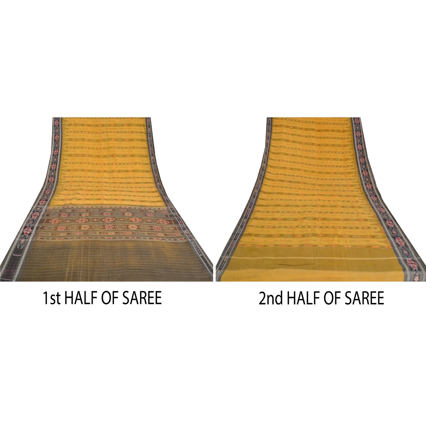 Sanskriti Vintage Saree Yellow Odisha Hand Woven Ikat Pure Cotton Sari Sustainable Fabric