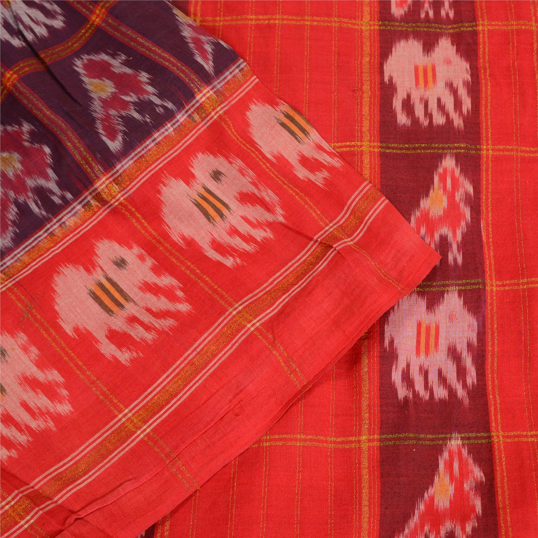 Sanskriti Vintage Saree Purple/Red Patola Pure Cotton HandWoven Ikat Sari Fabric